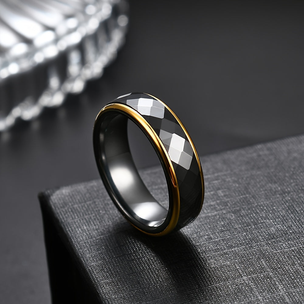 Stylish 6mm Wide Stainless Steel Black and White Ceramic Prismatic Faceted Ring, Perfect for Men and Women with a Minimalist Personality, Ideal for Everyday Wear, showcasing an Elegant and Versatile Temperament