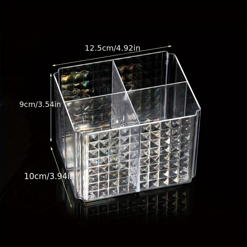 Clear plastic makeup organizer with 3 compartments for cosmetic storage. Ideal for brushes, lipsticks, brow pencils, and remote control. Can be used as a vanity or desk organizer without electricity.