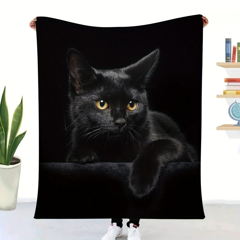 Black Cat Animal Blanket, 1 Piece, Flannel Throw Blanket, Cozy and Soft Blanket for Sofa, Office, or Bed, Perfect for Halloween