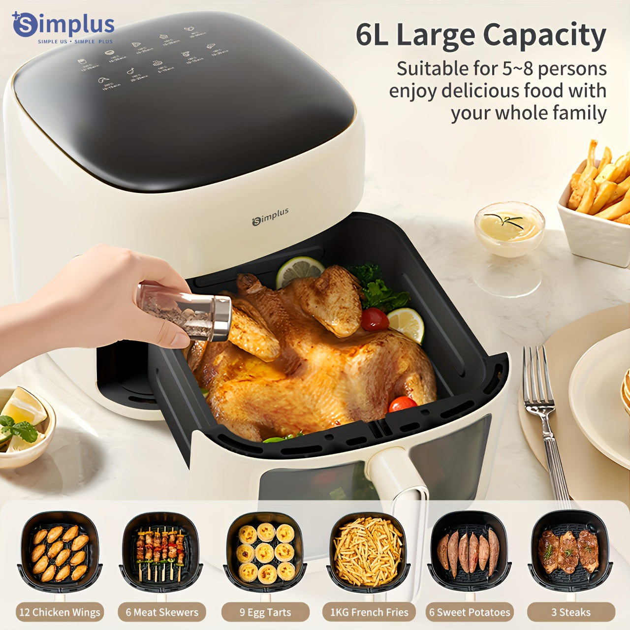 Simplus 1pc Air Fryer: 6L capacity for 5-8 people, compact design with easy storage, includes 10pcs parchment paper, full-color LCD touchscreen with 10 preset menus, fast 1500W cooking