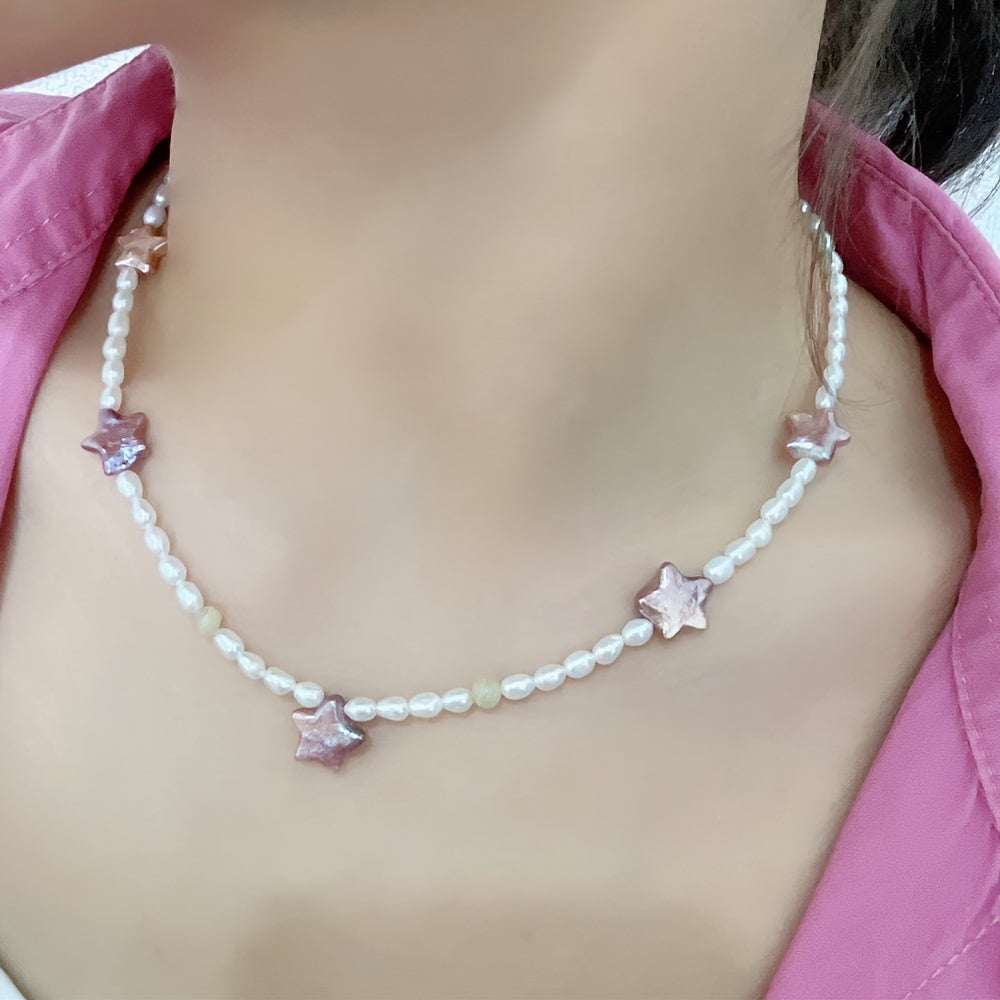 925 Sterling Silver Clavicle Chain with Purple Baroque Star Pendant and Bohemian Freshwater Pearl Necklace - Perfect for Valentine's Day Gift and Casual Outfits, Featuring Small Pearls