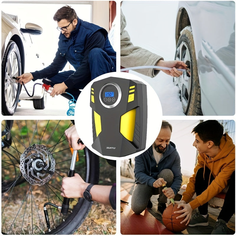 Portable tire inflator with digital gauge, LED light, and safe night use for cars and bikes.