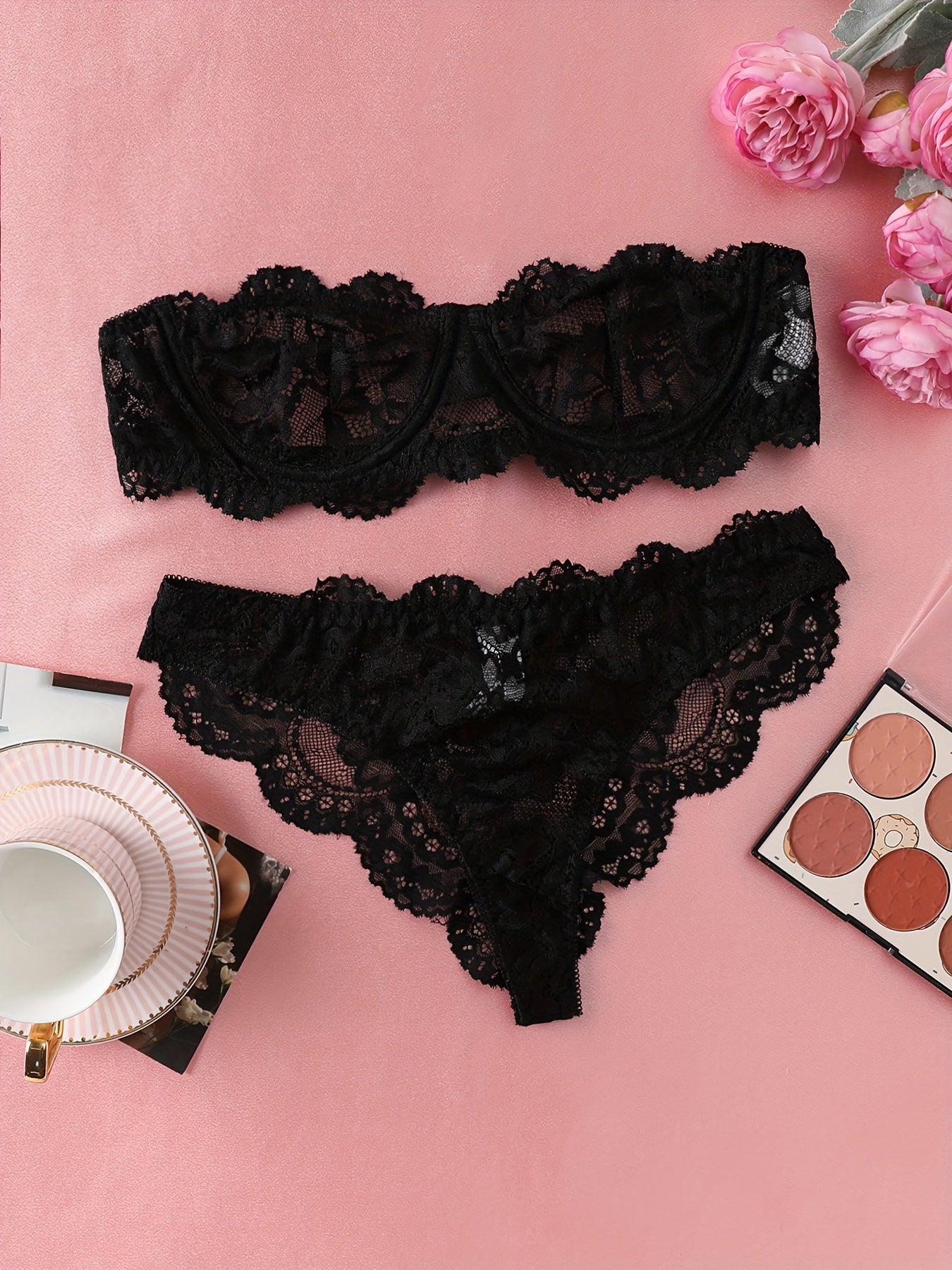 Women's sexy lingerie set made of 90% Polyamide and 10% Elastane, featuring solid color knit fabric with contrast lace detail. Includes ultra-thin transparent lace panty and bra set with no lining. Part of the Adult Lingerie Collection, weighing 95gsm.