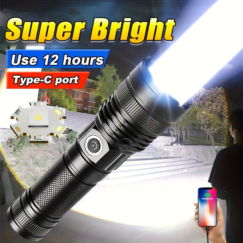 30W LED Tactical Flashlight with USB Rechargeable & Waterproof Aluminum Alloy, Long-Range Zoom, Built-in 2600mAh Battery