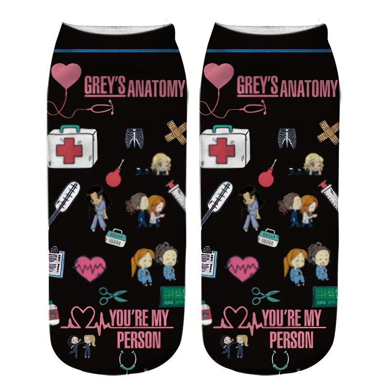 Whimsical cartoon nurse socks with Grey's Anatomy inspired designs, perfect for medical professionals and students. Made of soft polyester blend. Ideal gift for graduation or work