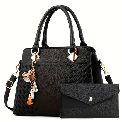 Stylish women's handbag set with black tote, removable strap, zipper closure, clutch, and fashionable shoulder bag. Perfect gift for Mother's Day and Easter.