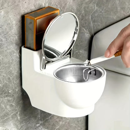 Creative Toilet Shaped Ashtray with Lid - Stylish covered ash bin for home, living room or bedroom. Metal and plastic construction, wall-mountable. No electricity needed.