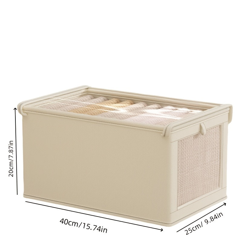 Rectangular storage box with mesh window, made from non-waterproof Oxford fabric. Ideal for organizing clothes, underwear, quilts, and blankets. Great space saver for home, bedroom, or dorm.