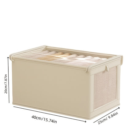 Rectangular storage box with mesh window, made from non-waterproof Oxford fabric. Ideal for organizing clothes, underwear, quilts, and blankets. Great space saver for home, bedroom, or dorm.