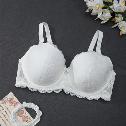 Elegant floral lace underwire bra for plus-size women with bow decor.