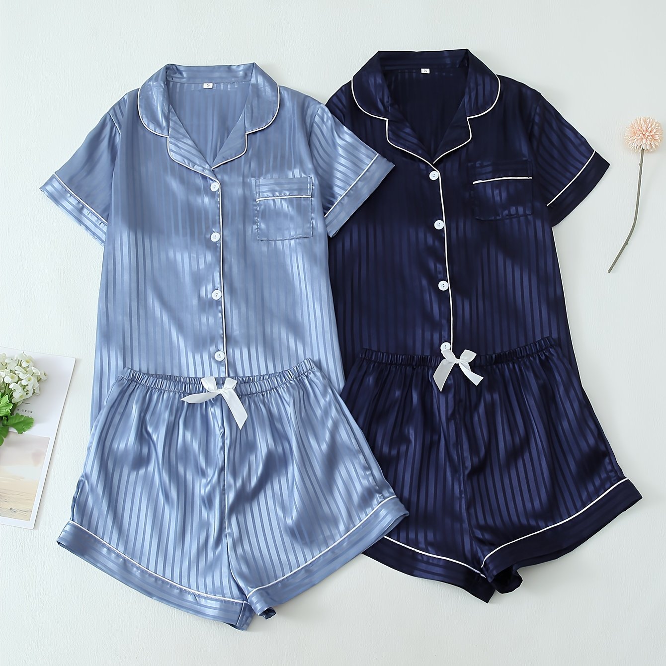 Women's Striped Satin Pajama Set with Short Sleeve Button Top & Shorts, Relaxed Fit