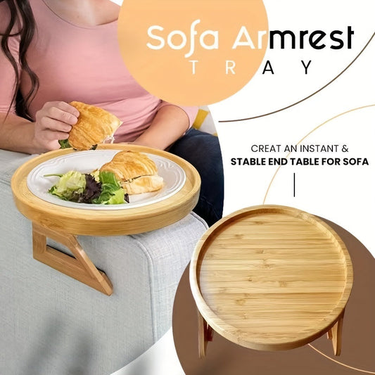 Vintage-style foldable sofa armrest tray table made from sturdy bamboo and hardwood. Features easy automatic fixing and does not require electricity, making it ideal for small spaces. A perfect gift for family and friends, these trays are also great for