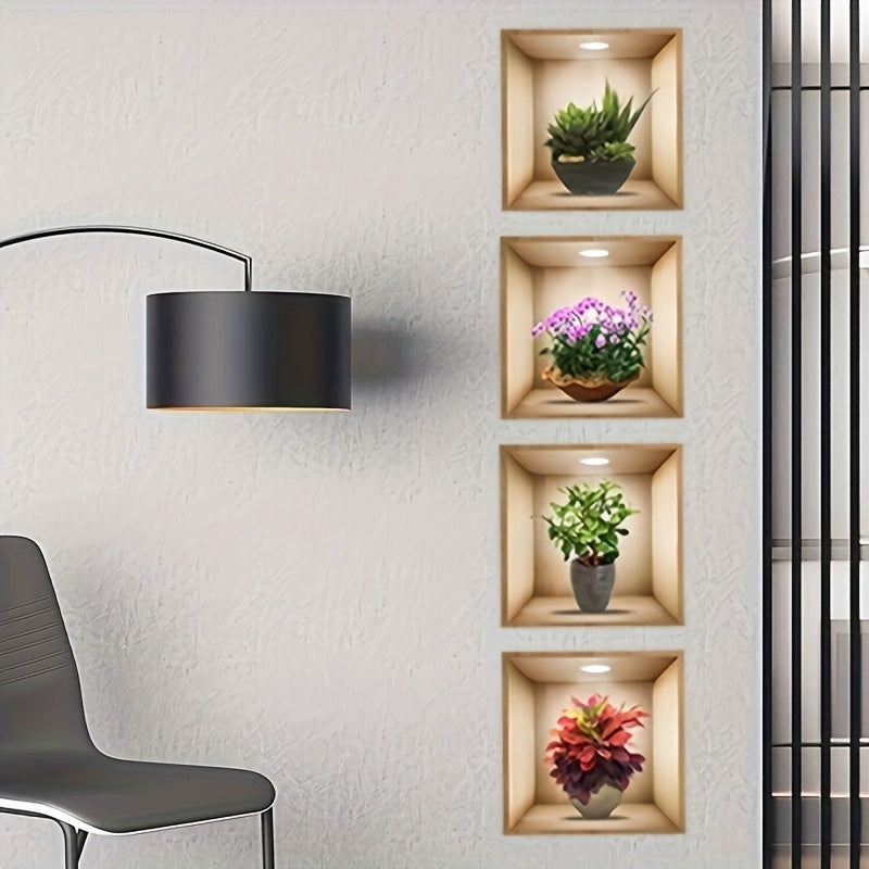 4 Green Plant 3D Wall Stickers for Home Decor, Self-Adhesive and Removable.