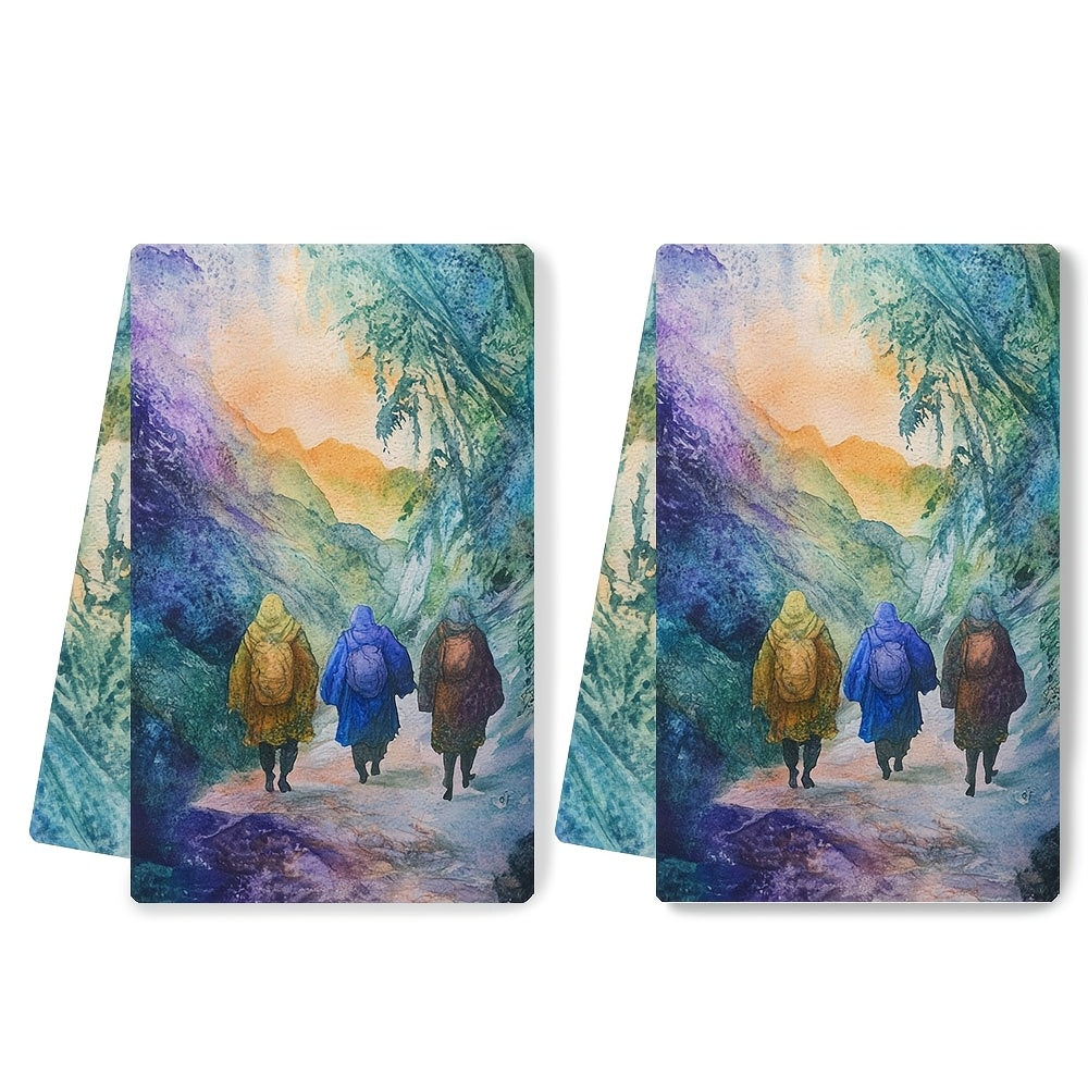 Two pieces of incredibly soft kitchen towels featuring Scripture texts from The Pilgrim's Journey. These towels are highly absorbent, machine washable, and have a vibrant watercolor design. Each towel measures 40.64x60.96 cm.