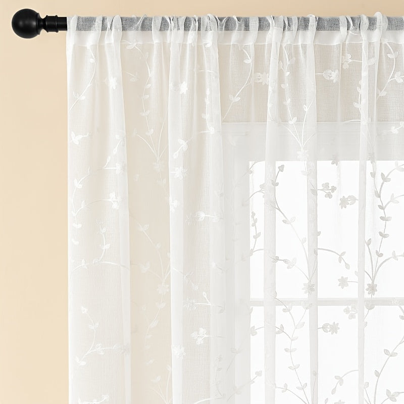 Pair of delicate, transparent gauze curtains adorned with small floral embroidery. These lightweight curtains are heat-insulating and breathable, making them perfect for use in living rooms, bedrooms, restaurants, hotels, or outdoor weddings. Ideal for