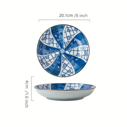 Handmade white and blue ceramic dinner plates with flower pattern, 20.32 cm size. Great for serving pasta, salad, appetizers on tableware.