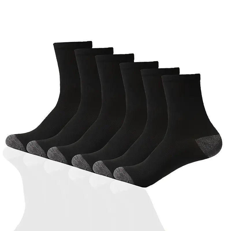 10 Men's mid-calf athletic socks in black, made of breathable polyester with ribbed cuff for comfort, ideal for sports and casual wear.