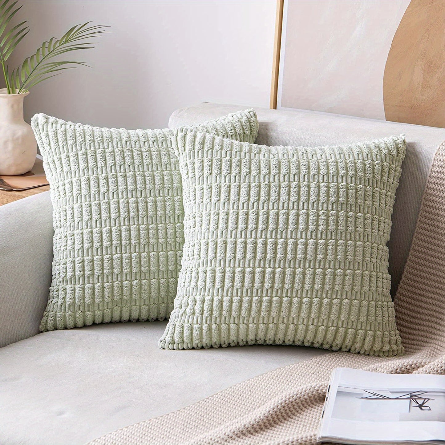 Reversible corduroy throw pillow cover with soft boho striped design, machine washable, zipper closure. Woven polyester, ideal for contemporary farmhouse home decor in sofa and living room. Size: 45.72x45.72 cm.