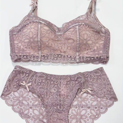 Sexy lace lingerie set for women, with medium support bra and drop waist briefs. Made of polyamide and elastane blend with knit fabric weave. Features solid color with contrast lace details