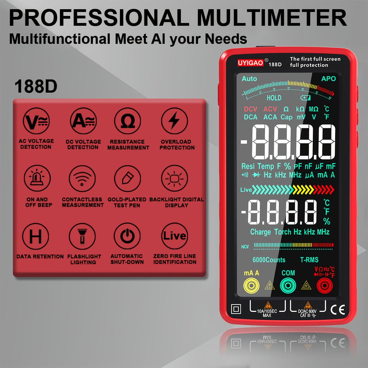 1pc UYIGAO Smart Digital Multimeter with Auto-Ranging TRMS, 6000 Counts, Slip-Resistant Grip, Measures AC/DC Voltage, Current, NCV, Ohm, Amp, Resistance, Diodes, Continuity, Capacitance