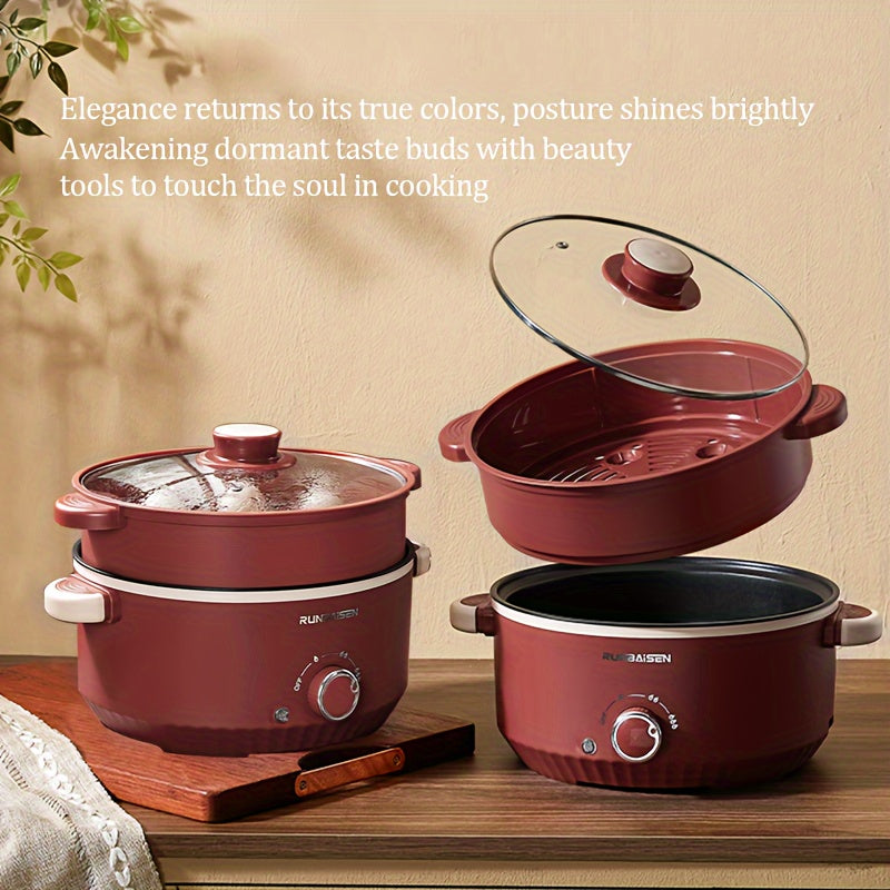 Electric cooking pot with a large capacity for home or car use, featuring a multi-functional design that combines a cooking pot, stir-fry pot, and steamer. Perfect for dormitories, this non-stick integrated pot can be used for various cooking needs.