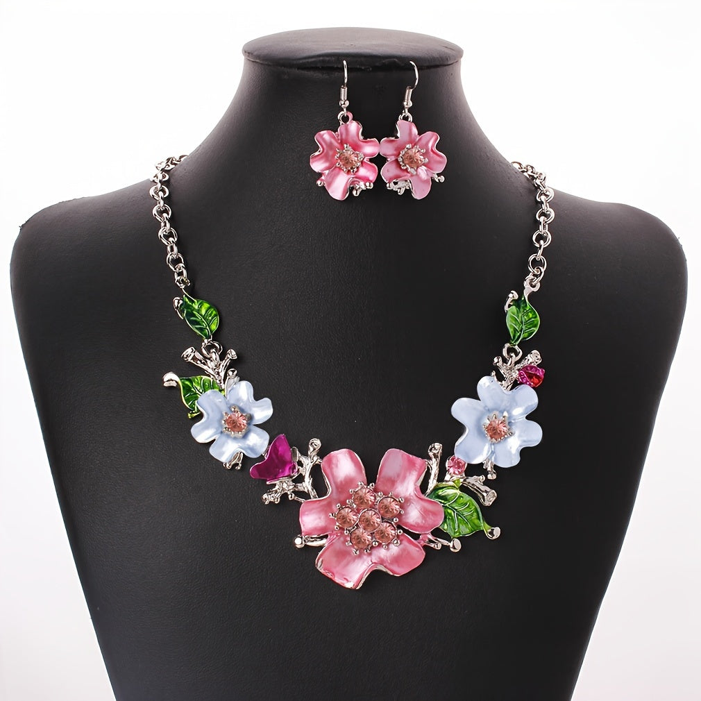 [Trending] Elegant and Sweet Chain Set with Embedded Flowers and Precious Stones Necklace Earring Set