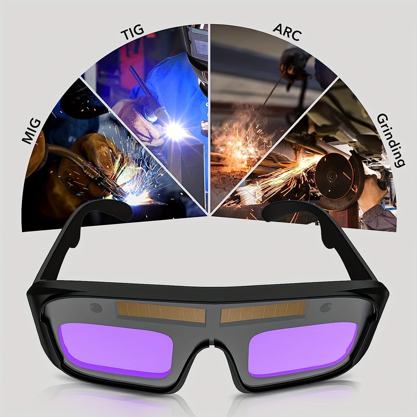 1 Set of Auto Darkening Welding Glasses with Protective Film, Solar Powered, suitable for TIG, MIG, ARC, Grinding, and Plasma welding. Features Anti-Eyes Shield, Storage Box, and Cleaning