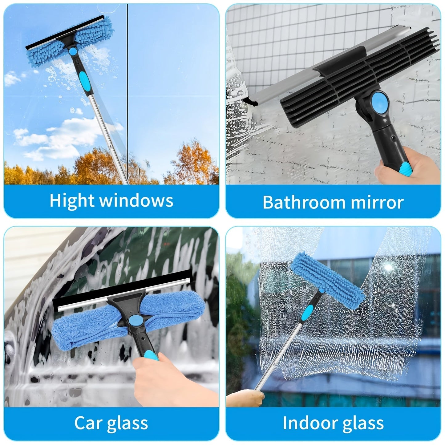 1 Retractable Window Cleaning Brush Kit with Telescopic Rod, Stainless Steel Handle, and Reusable Microfiber Pad - Includes High Reach Outdoor and Glass Cleaning Tool, Machine Washable, No Power Needed, 1 Rotatable Head, 2 Interchangeable Brushes Blue