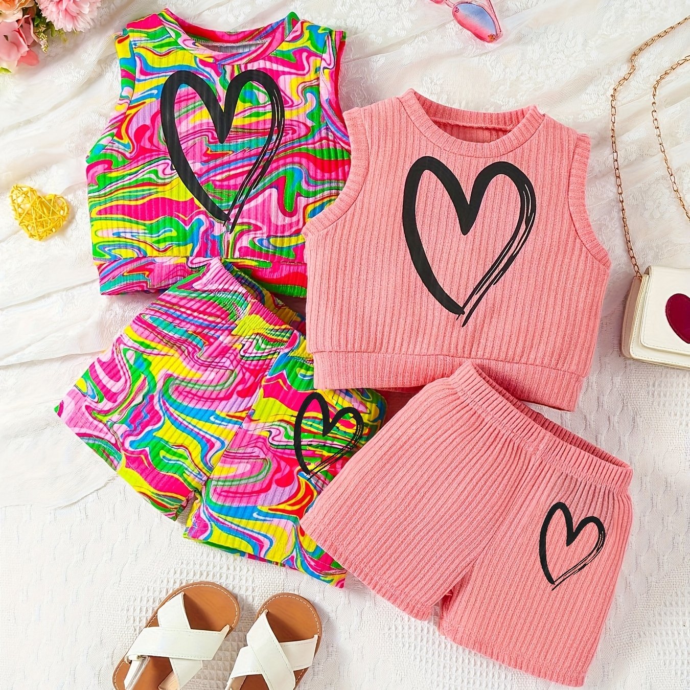 4-piece girls' summer outfit set featuring a strapless heart print tank top and shorts. Made of casual polyester knit fabric with medium stretch for a loose fit. Ideal for outdoor