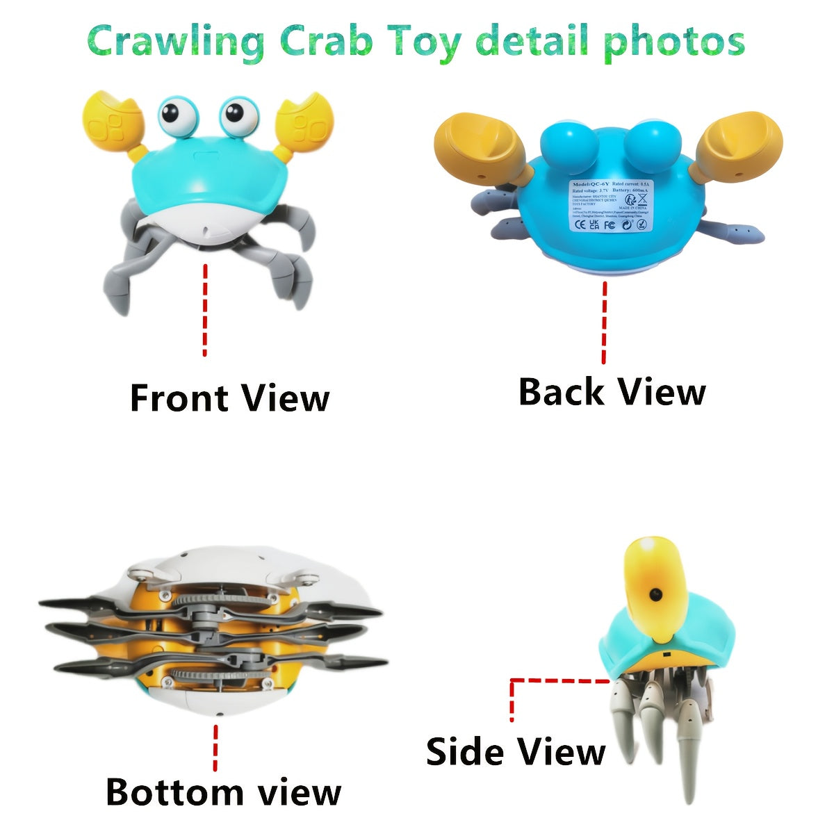 Improved Crawling Crab Toy for Babies with LED light, music, speed control to help babies learn to crawl and walk silently with a round, burr-free design, USB-C compatible as a birthday