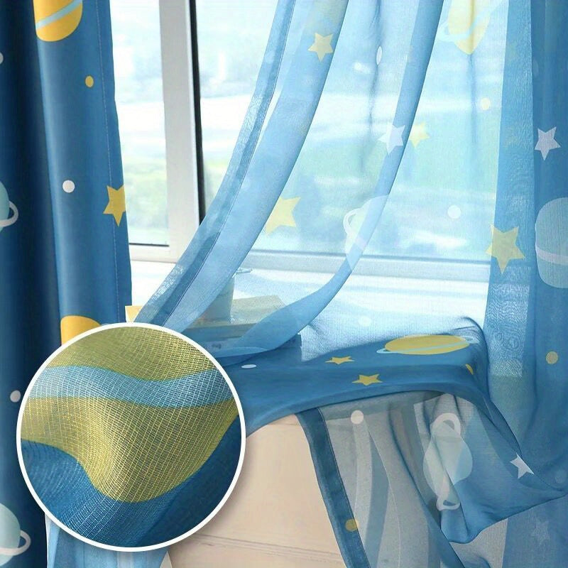 Blue cartoon kids curtain with star and planet print, ideal for boys' room decor. Grommet top design adds a dreamy touch to the window.