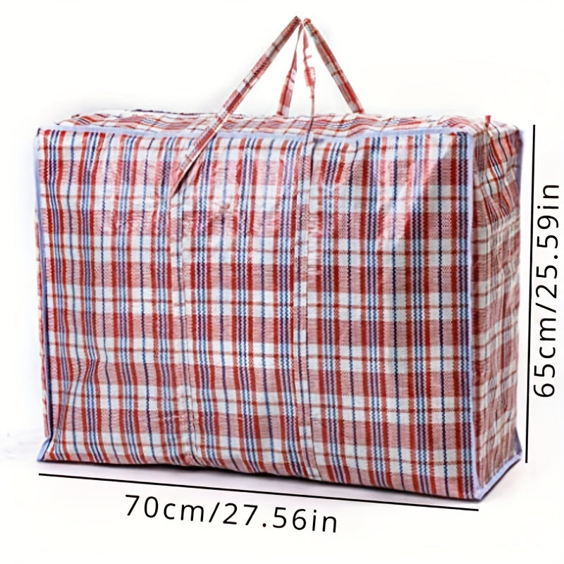 Three extra-large, sturdy moving and storage bags designed for durability. These reusable bags feature a high capacity for organizing clothes, with a strong zipper and handles for easy transport. The blue and white checkered pattern adds style to