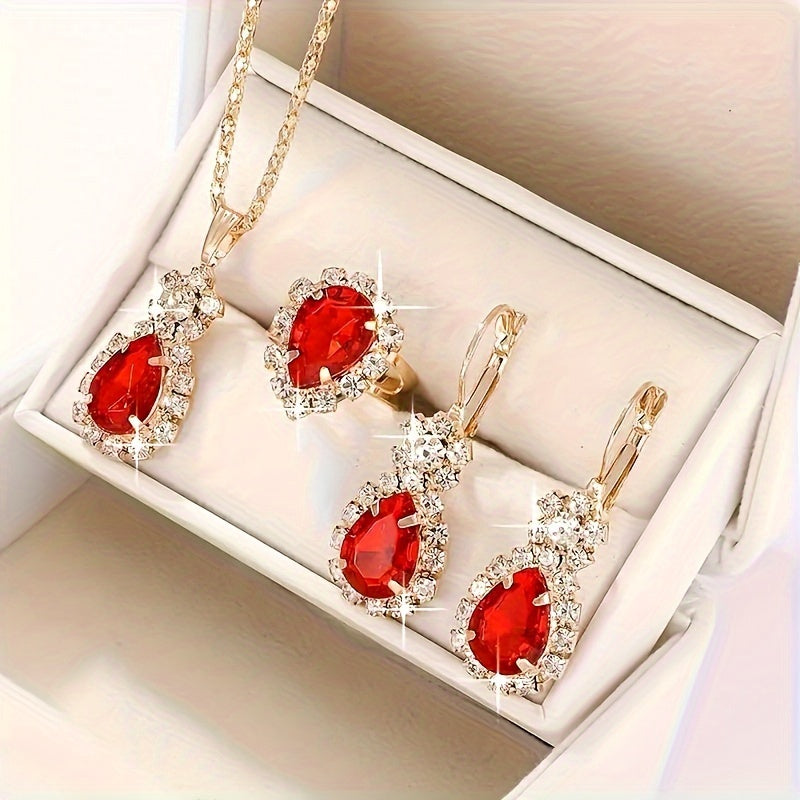 Stylish 4-piece alloy jewelry set for women with teardrop pendant, earrings, and ring - ideal fashion gift