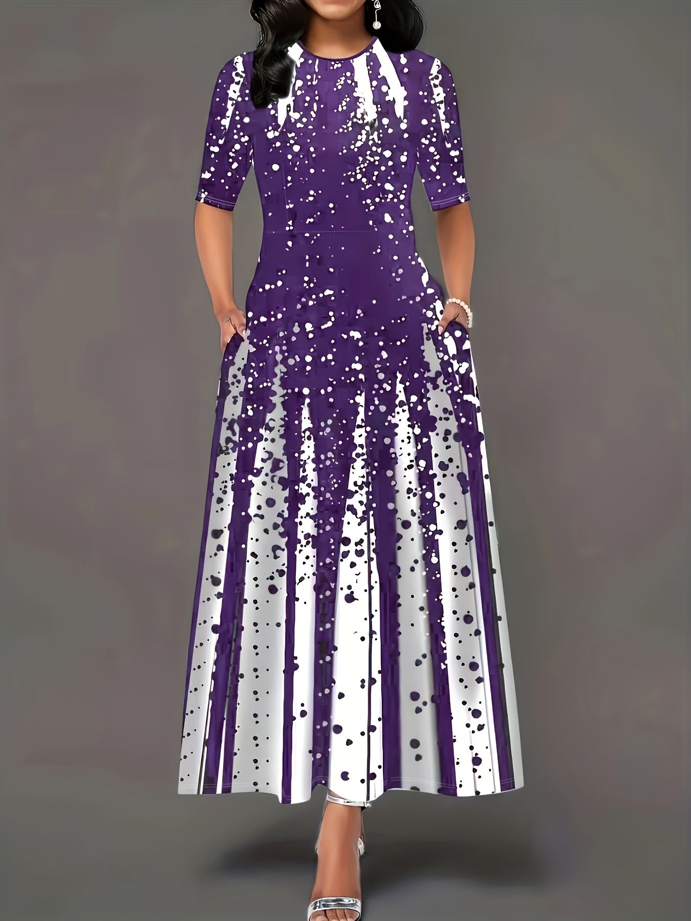 Stylish cross-border women's long dress with printed round neck.