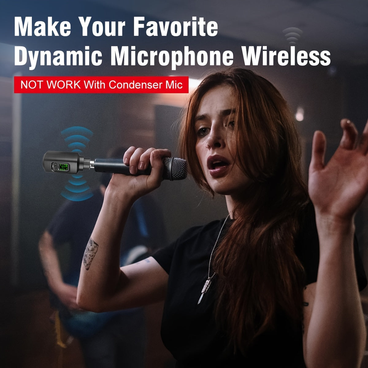 Wireless XLR Transmitter and Receiver with Guitar Transmitter Receiver. Rechargeable mic adapter for dynamic microphone and electric guitar bass. One-click switch between KTV, speech