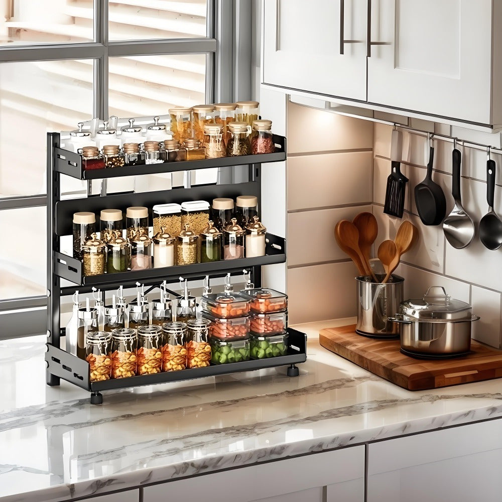 Tiered Metal Spice Rack Organizer - Organize Spices, Jars, and Bottles on Your Countertop - Sturdy Kitchen Storage Solution