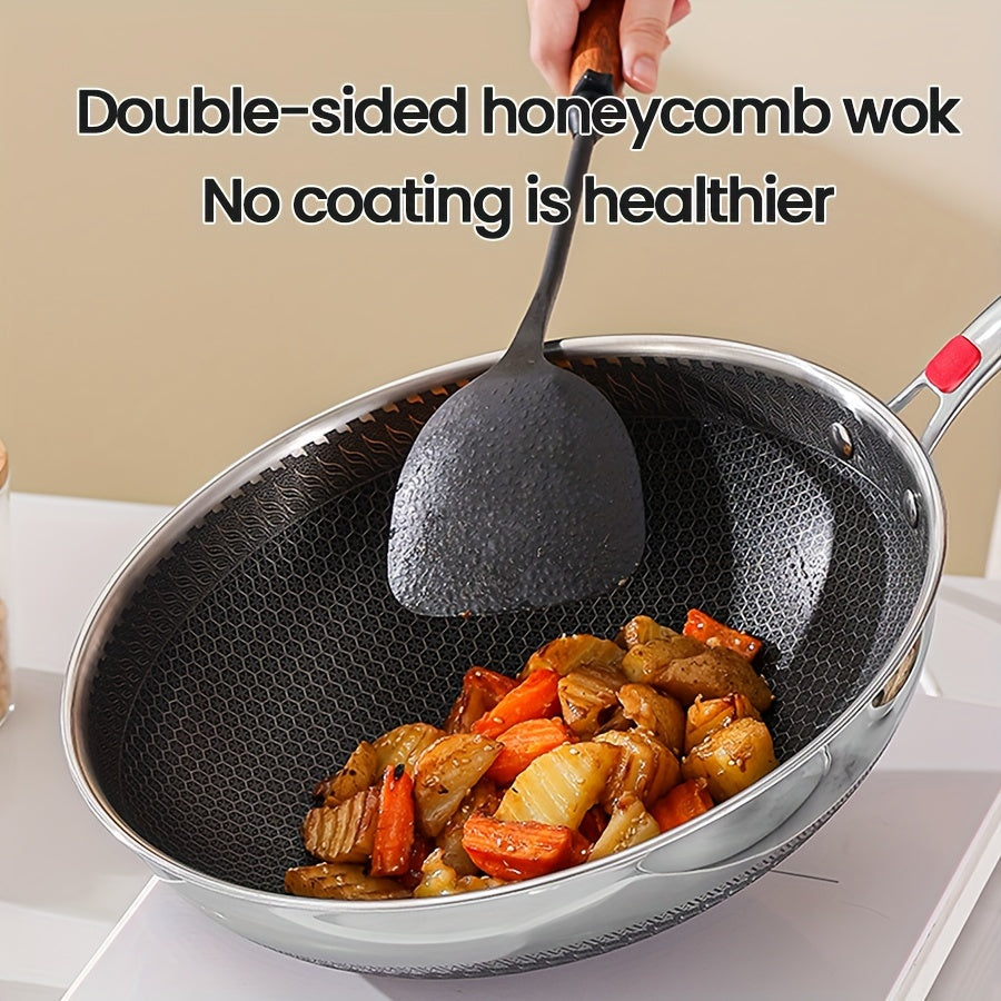 Get your hands on the 1pc 304 Stainless Steel Wok, designed with a 3-layer thickened construction for durability and large capacity. This wok is easy to clean, features a non-slip handle, and is compatible with all stoves. It is also dishwasher safe