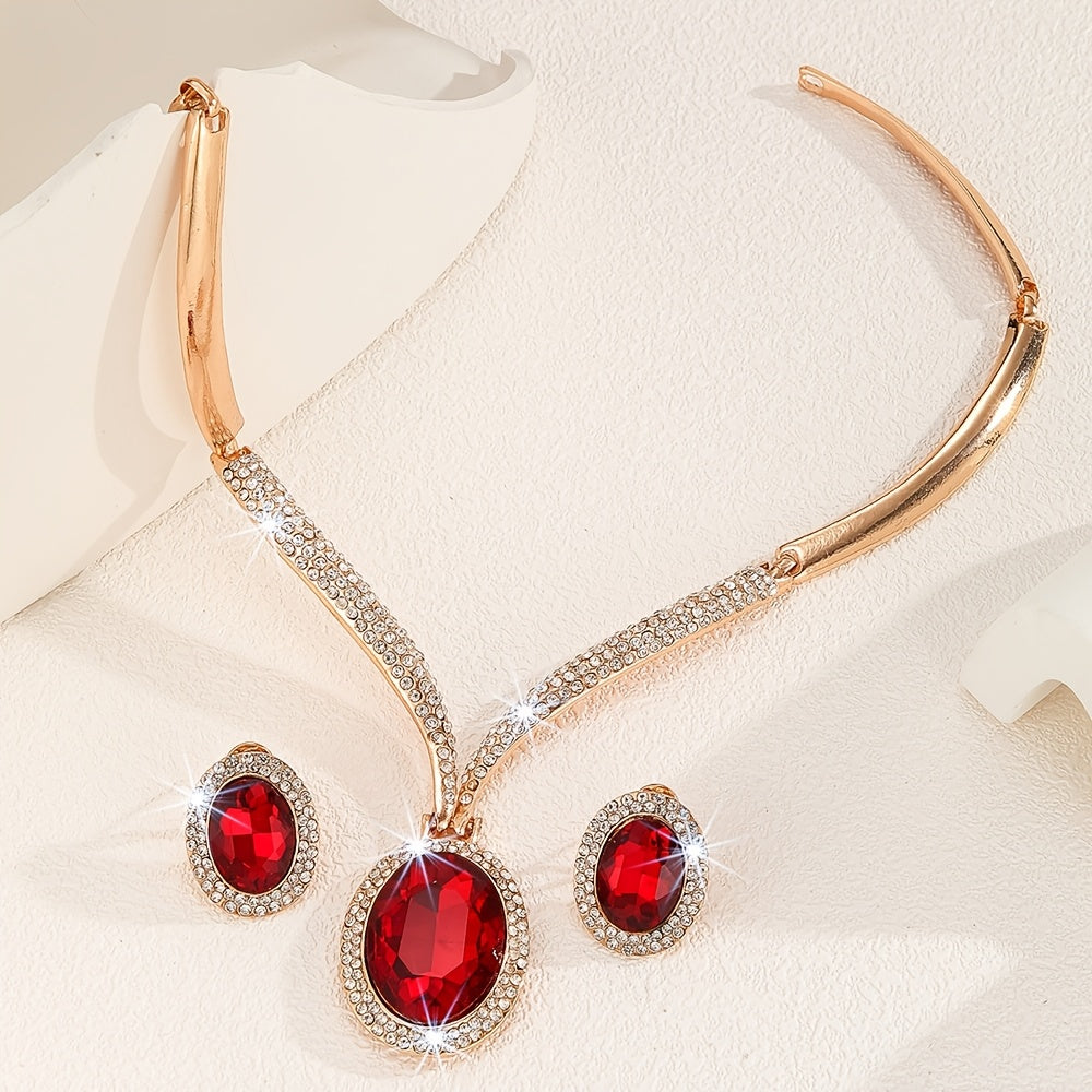 Luxurious 2-Piece Women's Jewelry Set in Middle Eastern Style featuring Red Sparkling Artificial Crystal Inlay. This set boasts an Exquisite and Elegant Design that is both Bold and Avant-garde. Perfect for Daily Wear, Parties, Weddings, and Festivals