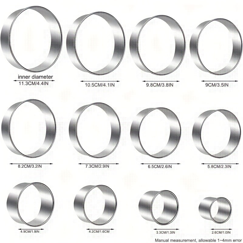 Set of 12 Stainless Steel Cake Mold Rings for Making Mousse Cakes, Cookies, Pancakes, and More. Essential Baking Tools and Kitchen Gadgets for Home Kitchen Use.