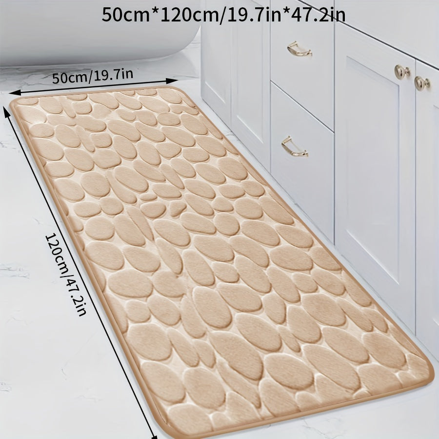 Soft, non-slip coral fleece bathroom mat in a pebble pattern. Quick-dry, machine washable, and low pile for comfort and home decor. Made of plush polyester fiber with knit fabric and 100% polyester material. 570gsm and 1.4cm thick.