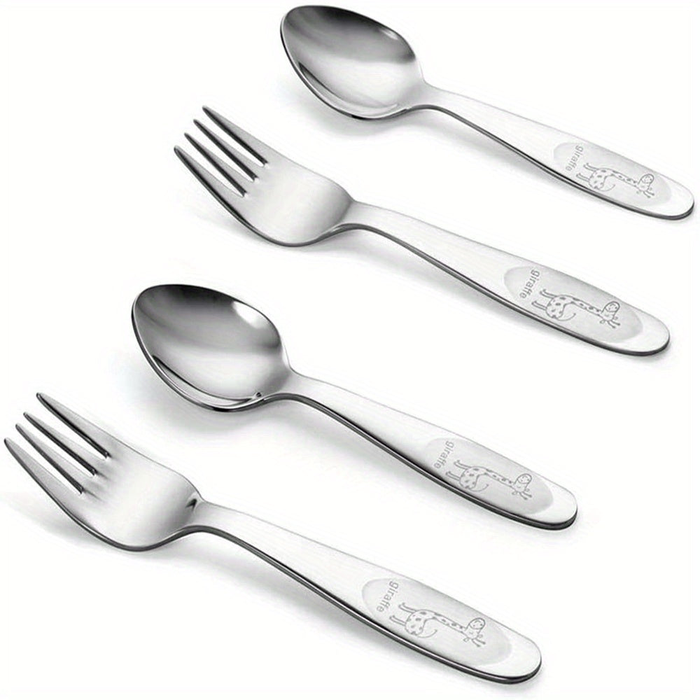 Set of 4 Stainless Steel Utensils (Spoons and Forks) for Safe Self-Feeding. Flatware Sets with Mirror Polished Finish, Dishwasher Safe