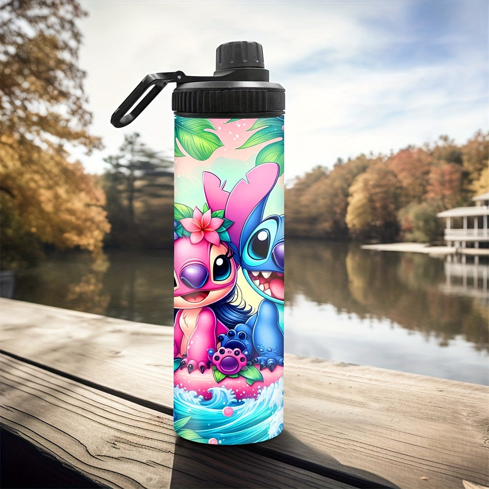 1pc 20oz Stainless Steel Water Container featuring Stitch and Angel cartoon characters, insulated for hot/cold beverages, perfect for outdoor travel, a great Christmas or Birthday gift, with lockable lid and BPS-Free.