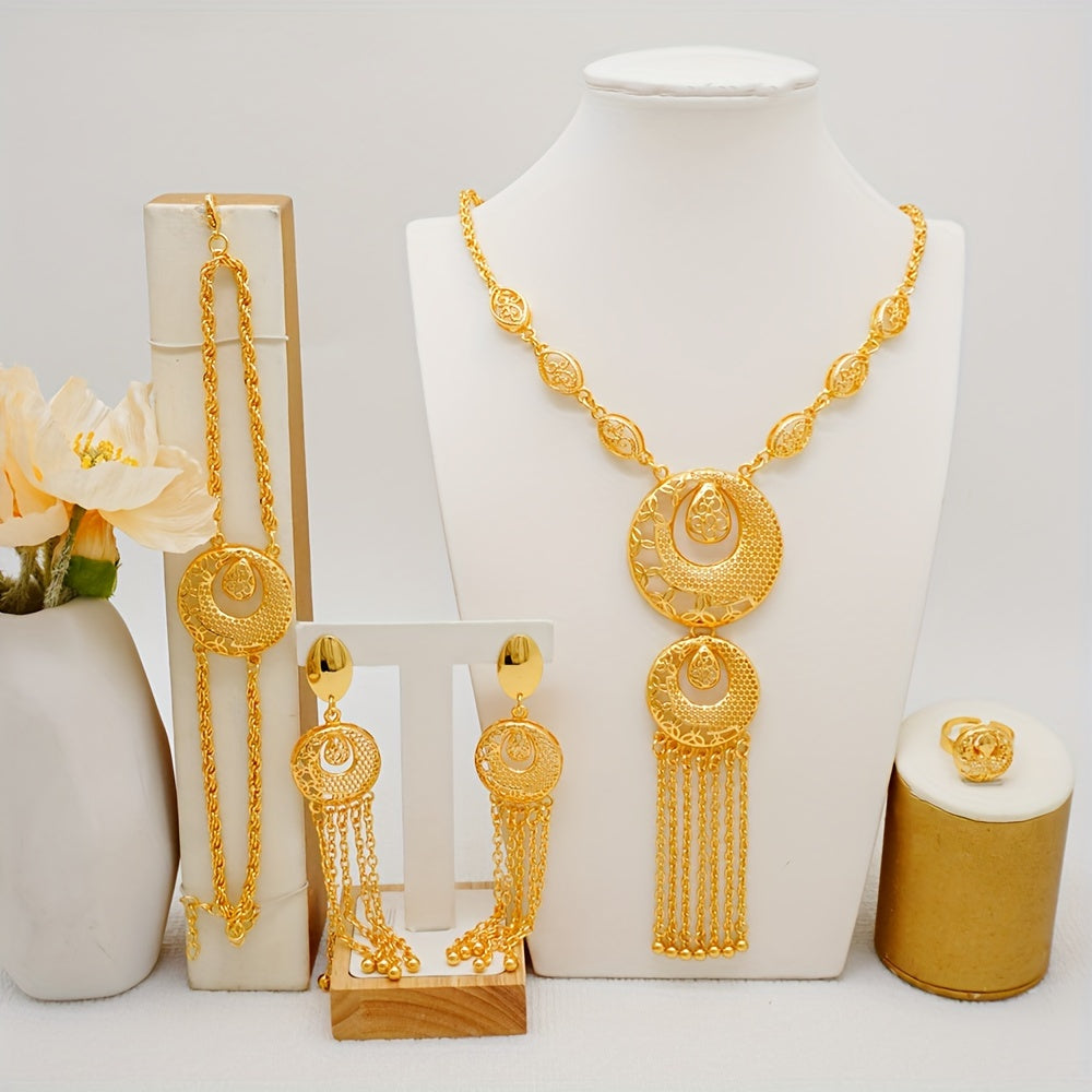 Elegant Urban Fashion Jewelry Set with 24K Gold Plating - Includes Zinc Alloy Tassel Necklace, Earrings, Bracelet, and Ring - Ideal for Weddings and Special Events - No Mosaic Design