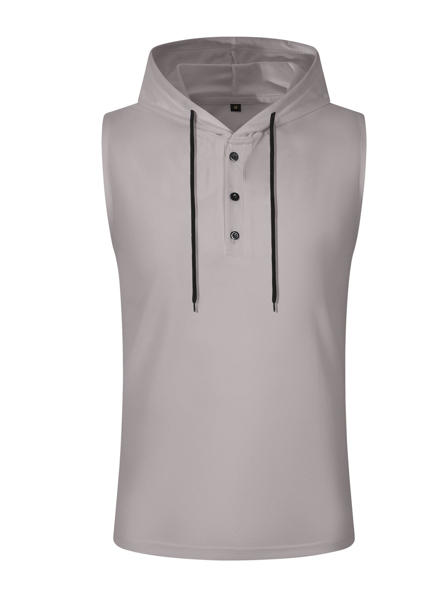 Lightweight, breathable polyester sleeveless hooded Henley shirt for men, perfect for summer casual or sporty wear. Features button detailing and is machine washable.