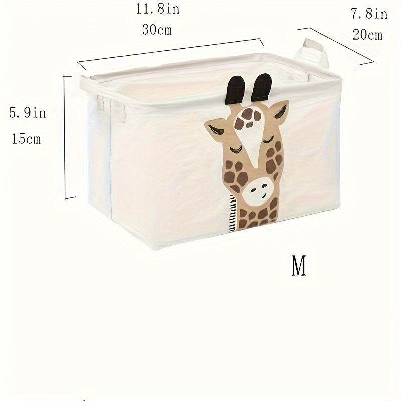 Foldable cartoon storage basket with handle and multiple compartments. Ideal for laundry and toys.