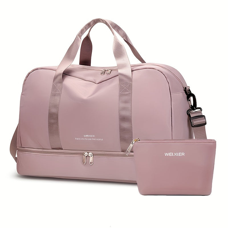 Fashionable travel bag with detachable pouch, perfect for sports and fitness, makeup, and weekend trips.