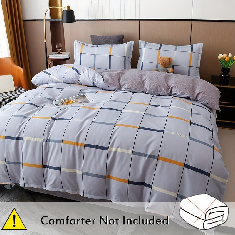 4-piece elegant plaid bedding set made of soft skin-friendly polyester, machine washable. Includes a duvet cover, counterpane, and 2 pillowcases. Suitable for all seasons with a