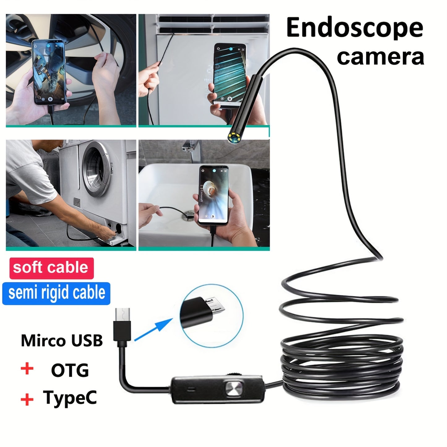 Industrial endoscope camera with 5mm/0.196in diameter for Android phones, ideal for pipeline detection, automotive repair, visual inspections, and air conditioning maintenance, with 1-10m