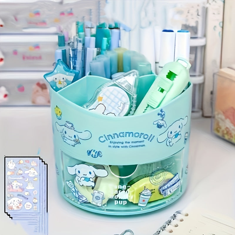 Sanrio Kuromi My Melody rotating pen holder, cute multi-compartment desk organizer made of varnished plastic. Great gift for stationery lovers.