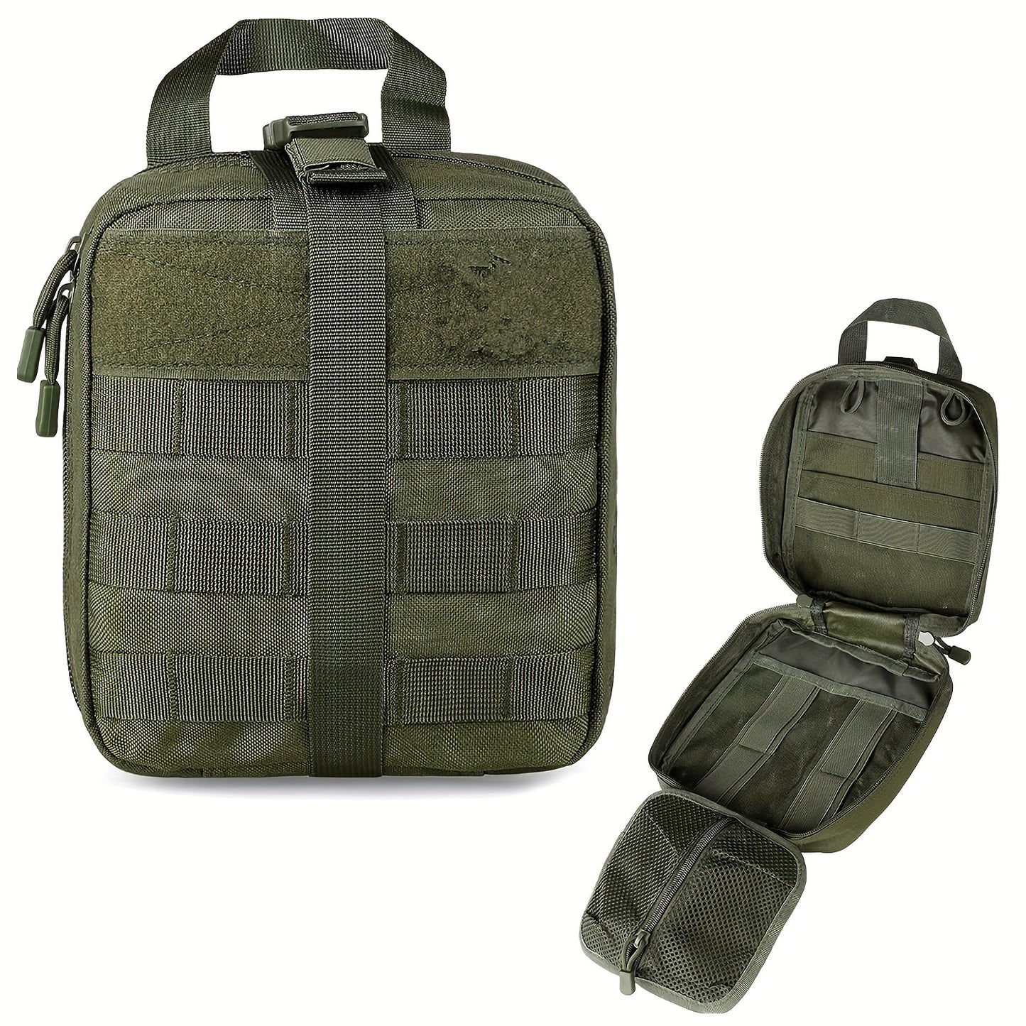 Rugged tactical first aid kit with quick release EMT pouch and MOLLE system in durable nylon bag for outdoor survival, green.